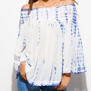 BRAND NEW w. TAGS Blue Tie Dye Off the Shoulder Top w. Crochet Detail